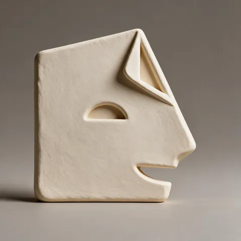 Escultura em argila clara do símbolo da Konvéz, em perfil.